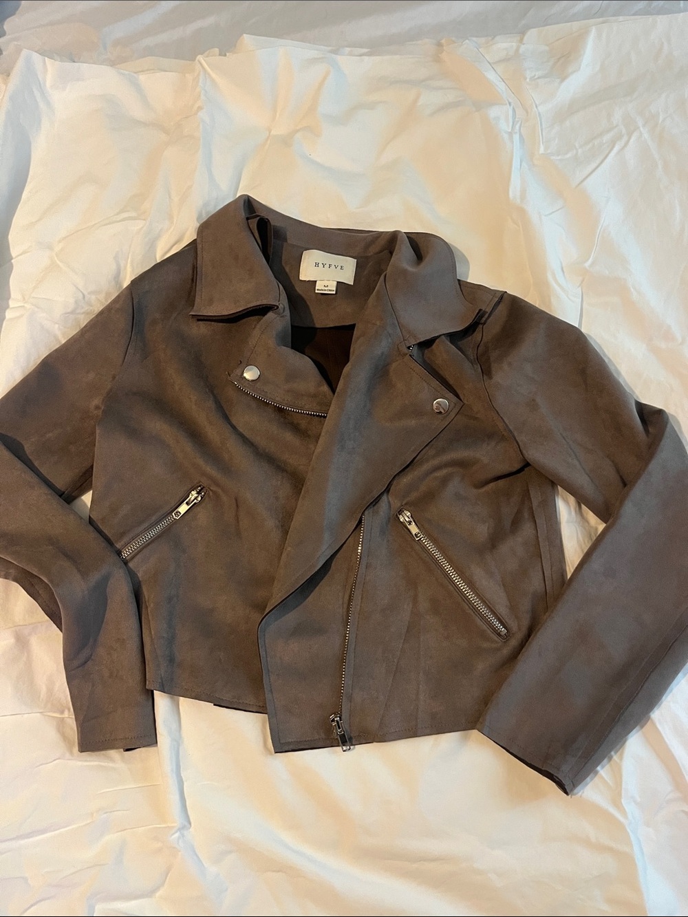 HYFVE Taupe Suede Moto Jacket with Silver Zippers